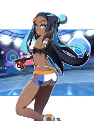 Rule 34 | 1girl, armlet, ass, bare shoulders, bike shorts, black gloves, blue background, blue eyes, blue hair, breasts, butt crack, creatures (company), dark-skinned female, dark skin, earclip, earrings, eyeshadow, female focus, from behind, game freak, gloves, gym leader, hair ornament, hands up, happy, highres, holding, holding poke ball, hoop earrings, indoors, jewelry, leg up, long hair, looking at viewer, looking back, makeup, medium breasts, midriff, multicolored hair, nessa (pokemon), nintendo, nyoro (nyoronyoro000), outline, parted lips, partially fingerless gloves, poke ball, poke ball (basic), pokemon, pokemon swsh, sandals, shiny skin, single glove, smile, solo, sports bra, standing, standing on one leg, teeth, two-tone hair, white footwear, white outline