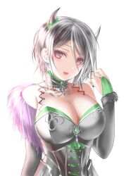 Rule 34 | 1girl, armor, bang dream!, bare shoulders, black hair, black nails, blush, breasts, bridal gauntlets, choker, cleavage, covered collarbone, detached sleeves, forehead jewel, fur shawl, gem, highres, horns, lace-trimmed choker, lace trim, large breasts, looking at viewer, medium hair, open mouth, purple eyes, see-through, see-through cleavage, shawl, simple background, smile, solo, swept bangs, totoshion, white background, yashio rui