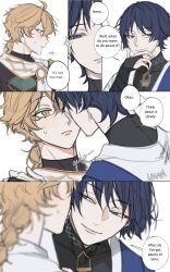 Rule 34 | 2boys, aether (genshin impact), ahoge, artist name, back, black gloves, black shirt, blonde hair, blue cape, blue eyes, blue hair, blunt ends, blurry, blush, braid, cape, closed mouth, collarbone, comic, commentary, covered collarbone, dark blue hair, english commentary, english text, eyeshadow, fingerless gloves, fingernails, genshin impact, gloves, gold trim, hair between eyes, hand on own face, hand up, highres, liann1009, long hair, looking at another, looking to the side, makeup, male focus, mandarin collar, multiple boys, no headwear, open clothes, open mouth, open vest, red eyeshadow, scaramouche (genshin impact), scarf, shirt, short hair, short sleeves, simple background, smile, speech bubble, standing, sweatdrop, vest, wanderer (genshin impact), white background, white scarf, white vest, yellow eyes