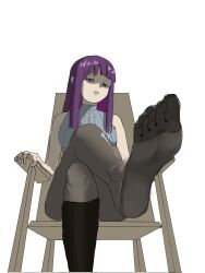 Rule 34 | 1girl, boots, chair, crossed legs, feet, fern (sousou no frieren), highres, long hair, looking at viewer, open mouth, pantyhose, player, purple eyes, purple hair, shaded face, shoes, single shoe, sitting, soles, sousou no frieren, toes