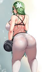 Rule 34 | 1girl, absurdres, ass, back, blush, breasts, circlet, dumbbell, fire emblem, fire emblem: three houses, flower, green eyes, green hair, hair flower, hair ornament, highres, large breasts, long hair, looking at viewer, looking back, loooyd, nintendo, pants, parted bangs, rhea (fire emblem), solo, sports bra, sweat, thighs, tight clothes, tight pants, white pants, white sports bra, yoga pants