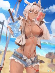 Rule 34 | 1girl, absurdres, beach, bikini, body markings, caenis (fate), cowboy shot, cup, dark-skinned female, dark skin, disposable cup, drinking straw, fate/grand order, fate (series), food, headpiece, highleg, highleg bikini, highres, holding, holding food, jayvee, nail polish, one eye closed, red wristband, smile, solo, swimsuit, tattoo, white hair, white nails