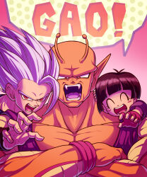 Rule 34 | 1girl, 2boys, ^ ^, antennae, biceps, black hair, black wristband, blunt bangs, blush, blush stickers, child, claw pose, closed eyes, collarbone, colored skin, colored tongue, commentary request, crossed arms, dougi, dragon ball, dragon ball super, dragon ball super super hero, eyelashes, fangs, father and daughter, fingerless gloves, gao, gloves, gohan beast, highres, koukyouji, looking at viewer, multiple boys, muscular, muscular male, namekian, open mouth, orange piccolo, orange skin, outstretched arm, pan (dragon ball), pectorals, piccolo, pink background, pointy ears, purple tongue, red eyes, red gloves, round teeth, shirt, short hair, short sleeves, simple background, son gohan, speech bubble, spiked hair, t-shirt, teeth, tongue, upper body, v-shaped eyebrows, white hair, wristband