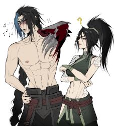 Rule 34 | 1boy, 1girl, ?, abs, akali, arm tattoo, black hair, blue hair, blush, braid, crossed arms, fingernails, hand on own hip, high ponytail, highres, kayn (league of legends), league of legends, long hair, multicolored hair, muscular, muscular male, ninja, nipples, open mouth, parted bangs, parted lips, ponytail, simple background, single braid, stomach, streaked hair, sweatdrop, tattoo, topless male, two-tone hair, white background, zyrophin