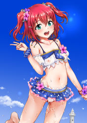Rule 34 | :d, aqua eyes, barefoot, bikini, blush, cameltoe, covered erect nipples, flower, gluteal fold, hair flower, hair ornament, hibiscus, jumping, kurosawa ruby, lighthouse, love live!, love live! school idol festival, love live! school idol project, love live! sunshine!!, navel, nipples, open mouth, pussy juice, red hair, scrunchie, see-through, shijou mako, smile, solo, stomach, striped clothes, striped scrunchie, swimsuit, two side up, wet, wet clothes, wrist flower, wrist scrunchie