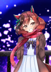 Rule 34 | 1girl, absurdres, animal ears, arms behind back, black bow, blurry, blurry background, blush, bow, brown coat, brown eyes, brown hair, coat, depth of field, ear bow, green bow, grin, head tilt, highres, horse ears, horse girl, horse tail, looking at viewer, multicolored hair, nice nature (umamusume), open clothes, open coat, pleated skirt, purple shirt, railing, red scarf, scarf, school uniform, setu (shining12), shirt, skirt, smile, solo, streaked hair, tail, tracen school uniform, twintails, umamusume, white skirt