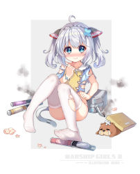 Rule 34 | 1girl, ahoge, animal, blue dress, blue eyes, blue flower, blush, bow, braid, cannon, cat tail, claxton (warship girls r), closed mouth, collarbone, colored pencil, copyright name, crossed bandaids, crying, dress, feet, fingernails, flower, grey background, hair between eyes, hair flower, hair ornament, hasu (velicia), highres, long hair, looking at viewer, nail polish, no shoes, nose blush, official art, otter, panties, pencil, pink bow, pink flower, pink nails, puffy short sleeves, puffy sleeves, sailor collar, sailor dress, short sleeves, silver hair, sitting, solo, streaming tears, tail, tears, thighhighs, torn clothes, torn dress, torpedo, turret, twintails, two-tone background, underwear, warship girls r, white background, white panties, white sailor collar, white thighhighs