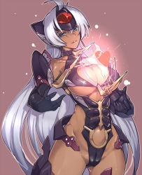 Rule 34 | 00s, 1girl, akinaie, blue eyes, blue hair, blush, breasts, cameltoe, cleavage, cleft of venus, covered erect nipples, cyborg, dark-skinned female, dark skin, elbow gloves, gloves, heart, large breasts, long hair, looking at viewer, matching hair/eyes, shiny clothes, shiny skin, simple background, smile, solo, t-elos, underboob, xenosaga