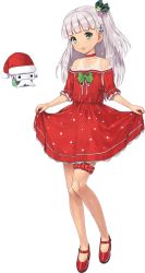 Rule 34 | 1girl, blunt bangs, dress, full body, green eyes, hair ornament, hair ribbon, hat, jiji (aardvark), kantai collection, long dress, long hair, maestrale (kancolle), official art, one side up, open mouth, red dress, ribbon, santa hat, silver hair, solo, strapless, strapless dress, tan, tanline, transparent background