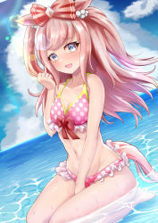 Rule 34 | agnes digital (umamusume), animal ears, blue eyes, blush, breasts, cleavage, cloud, collarbone, commentary request, hair ornament, highres, horse ears, horse tail, long hair, looking at viewer, navel, ocean, open mouth, pink hair, small breasts, swimsuit, tail, teaclaw, umamusume, water, wet