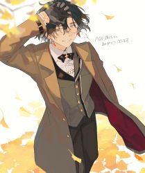 Rule 34 | 1boy, black bow, black bowtie, black gloves, black pants, blurry, bow, bowtie, brown coat, coat, collared shirt, constantine xi (fate), depth of field, earrings, falling leaves, fate/grand order, fate (series), feet out of frame, ginkgo leaf, gloves, green vest, grey eyes, grin, hair between eyes, hand up, highres, jewelry, kitada, lapels, leaf, looking at viewer, male focus, monocle, notched lapels, official alternate costume, pants, shirt, short hair, smile, solo, standing, two-sided fabric, vest, white background, white shirt