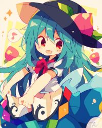 Rule 34 | :d, apron, blouse, blue hair, blue skirt, blush, bow, bowtie, eighth note, food, frills, fruit, hat, hinanawi tenshi, leaf, long hair, mina (sio0616), musical note, neck ribbon, open mouth, peach, puffy short sleeves, puffy sleeves, red bow, red eyes, ribbon, shirt, short sleeves, skirt, smile, solo, touhou, white shirt