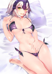 Rule 34 | 1girl, absurdres, bed, bikini, black bikini, breasts, cekonikova, commentary, covered erect nipples, fate/grand order, fate (series), feet, fingernails, front-tie top, hand under clothes, highres, jeanne d&#039;arc (fate), jeanne d&#039;arc alter (avenger) (fate), jeanne d&#039;arc alter (fate), large breasts, looking at viewer, lying, navel, open mouth, pillow, short hair, side-tie bikini bottom, silver hair, solo, strap pull, swimsuit, yellow eyes