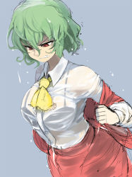 Rule 34 | &gt;:|, 1girl, :|, angry, annoyed, ario, ascot, black bra, blue background, bra, breasts, closed mouth, curvy, dress shirt, dripping, dutch angle, female focus, green hair, kazami yuuka, large breasts, lingerie, looking down, red eyes, see-through, shirt, simple background, sketch, solo, touhou, underwear, undressing, v-shaped eyebrows, wet, wet clothes