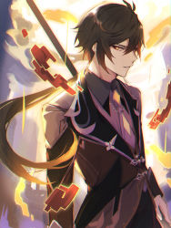Rule 34 | 1boy, absurdres, black hair, black jacket, blurry, blurry background, formal, genshin impact, glowing, glowing eyes, gradient hair, gumilkx, hair between eyes, highres, holding, holding weapon, jacket, jewelry, long hair, looking at viewer, male focus, multicolored hair, open mouth, polearm, ponytail, spear, suit, weapon, yellow eyes, zhongli (genshin impact)