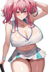 Rule 34 | 1girl, absurdres, aqua skirt, azur lane, bare shoulders, blush, breasts, bremerton (azur lane), bremerton (scorching-hot training) (azur lane), cleavage, commentary, crop top, grey hair, heart, heart necklace, highres, huge breasts, jasony, jewelry, long hair, looking at viewer, multicolored hair, navel, necklace, official alternate costume, pink eyes, pink hair, racket, see-through, see-through shirt, shirt, sidelocks, skirt, sleeveless, sleeveless shirt, smile, solo, sportswear, streaked hair, sweat, tennis racket, tennis uniform, thick thighs, thighs, two-tone shirt, two-tone skirt, white shirt, white skirt
