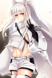 Rule 34 | 1girl, absurdres, animal ear fluff, animal ears, arknights, black gloves, blush, commentary request, cowboy shot, crop top, garter straps, gloves, grey eyes, hand up, high collar, highres, long hair, long sleeves, looking at viewer, midriff, navel, platinum (arknights), ponytail, shirt, short shorts, shorts, shtooru, sidelocks, silver hair, smile, solo, standing, stomach, thighhighs, thighs, w, white shirt, white shorts, wide sleeves