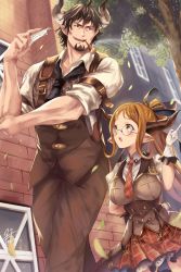 Rule 34 | 10s, 1boy, 1girl, bad id, bad pixiv id, barawa, black necktie, blue eyes, blush, breasts, brown hair, draph, fukai ryosuke, glasses, gloves, granblue fantasy, green eyes, horns, large breasts, leaf, long hair, looking at another, miniskirt, necktie, open mouth, orange hair, plaid, plaid skirt, pointy ears, ponytail, red skirt, sarya (granblue fantasy), sidelocks, skirt, smoking pipe, tree, walking, white gloves