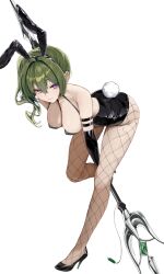 Rule 34 | 1girl, absurdres, alternate costume, animal ears, bare shoulders, black footwear, breasts, cleavage, closed mouth, collarbone, commentary request, fake animal ears, fishnet pantyhose, fishnets, green hair, gwan-e, hair between eyes, high heels, highres, holding, holding polearm, holding weapon, large breasts, leaning forward, leotard, looking at viewer, pantyhose, patent heels, playboy bunny, polearm, pumps, purple eyes, rabbit ears, rabbit tail, shoes, side ponytail, simple background, solo, sousou no frieren, standing, standing on one leg, stiletto heels, tail, ubel (sousou no frieren), weapon, white background
