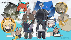 Rule 34 | 1other, 5girls, :&lt;, amiya (arknights), animal ear fluff, animal ears, animalization, arknights, black gloves, black headwear, black jacket, black legwear, blonde hair, blue eyes, blue skirt, brown bag, brown eyes, brown hair, candy, chibi, chinese commentary, commentary request, company name, copyright name, doctor (arknights), extra ears, food, gloves, grey hair, habit, hair between eyes, hand to own mouth, headset, highres, hood, hood down, hood up, hooded jacket, implied extra ears, jacket, jewelry, lion ears, lollipop, looking at viewer, multiple girls, multiple rings, nearl (arknights), nearl the radiant knight (arknights), notebook, official alternate costume, open clothes, open jacket, originium (arknights), pantyhose, pleated skirt, ponytail, rabbit girl, red eyes, red hair, ring, sack, shirt, siege (arknights), siege (city destroyer) (arknights), skirt, smile, specter (arknights), specter the unchained (arknights), squiggle, squirrel ears, standing, sweatdrop, tape, thigh strap, thinking, watermark, wax seal, wax stamp, white shirt