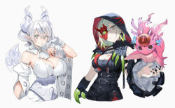 Rule 34 | 2girls, ainezu, breasts, cleavage, colored tips, creature, demon girl, demon horns, demon wings, detached sleeves, diabellstar the black witch, dress, duel monster, gloves, green eyes, green hair, grey eyes, grey hair, half mask, hand on own face, heterochromia, highres, holding, hood, hood up, horns, large breasts, lovely labrynth of the silver castle, mask, medium hair, multicolored hair, multiple girls, pale skin, pointy ears, red mask, single detached sleeve, single glove, single sleeve, snake-eyes poplar, wings, yu-gi-oh!