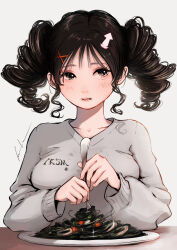 Rule 34 | 1girl, absurdres, arrow hair ornament, black hair, blush, breasts, closed mouth, curly hair, drill hair, eating, eyelashes, food, food focus, food on face, fork, grey sweater, hair ornament, hairclip, highres, holding, holding fork, keisuke1105, long sleeves, original, pasta, plate, pov across table, signature, simple background, sweater, twin drills, twintails, upper body, v-neck, white background, x hair ornament