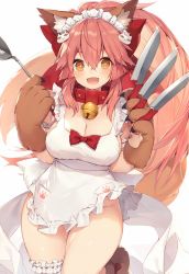 Rule 34 | 1girl, :d, animal ear fluff, animal ears, animal hands, apron, bell, bow, bowtie, breasts, brown gloves, cleavage, collar, fate/extra, fate/grand order, fate (series), fox ears, fox tail, gloves, hair ribbon, highres, holding, holding knife, knife, large breasts, leg up, long hair, looking at viewer, maid apron, maid headdress, muryotaro, neck bell, no panties, open mouth, paw gloves, pink hair, red ribbon, ribbon, simple background, smile, solo, star-shaped pupils, star (symbol), symbol-shaped pupils, tail, tamamo (fate), tamamo cat (fate), white background