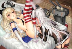 Rule 34 | 10s, 2girls, aki99, amatsukaze (kancolle), ass, bandaid, bed sheet, bent over, black panties, blonde hair, blush, breasts, character doll, clothing aside, dress, elbow gloves, flying sweatdrops, full-face blush, fume, garter straps, gloves, grey hair, highres, indoors, kantai collection, legs up, lying, machinery, md5 mismatch, multiple girls, nipples, on back, on bed, open clothes, open mouth, open shirt, panties, panties aside, pussy, red legwear, rensouhou-chan, revision, robot, sailor dress, see-through, shimakaze (kancolle), shirt, short dress, small breasts, smoke, standing, steam, thighhighs, twintails, two side up, uncensored, underwear, white legwear, white shirt, wooden floor, yellow eyes, yuri