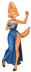 Rule 34 | 1girl, absurdres, alternate costume, animal ears, animal nose, arm up, bare shoulders, black footwear, black nails, blue dress, body fur, breasts, claws, cleavage, clenched hands, collarbone, dancing, diane foxington, dress, eyebrow piercing, fangs, female focus, flowers-imh, fox ears, fox girl, fox tail, full body, furry, furry female, groin, hand up, happy, highres, jewelry, medium breasts, nail polish, necklace, no panties, open mouth, orange fur, piercing, shoes, side slit, simple background, smile, snout, solo, standing, strapless, strapless dress, tail, teeth, the bad guys (film), two-tone fur, white background