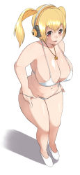 Rule 34 | 1girl, absurdres, akitaka (mcdonnell-douglas), bad id, bad pixiv id, bikini, blonde hair, blush, breasts, cleavage, full body, gigantic breasts, headphones, highres, looking at viewer, navel, nitroplus, open mouth, orange eyes, plump, short hair, smile, solo, super pochaco, swimsuit, thick thighs, thighs, twintails, white bikini, wide hips