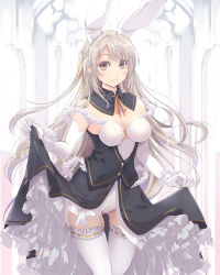 Rule 34 | 1girl, animal ears, breasts, brown eyes, clothes lift, detached collar, dress, dress lift, elbow gloves, frills, gloves, gluteal fold, gothic lolita, grey hair, hair ribbon, highres, lifting own clothes, lolita fashion, long hair, looking at viewer, medium breasts, original, rabbit ears, ribbon, satomi (black scarecrow), solo, standing, strapless, strapless dress, thighhighs, white gloves, white thighhighs