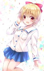 Rule 34 | 1girl, :d, blonde hair, blue skirt, blush, bow, commentary request, dress shirt, hair between eyes, hair bow, hime-chan no ribbon, long sleeves, looking at viewer, nonohara himeko, open mouth, pleated skirt, red bow, red eyes, sailor collar, school uniform, serafuku, shaian, shirt, skirt, smile, solo, white background, white sailor collar, white shirt
