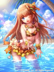 Rule 34 | 1girl, :d, beach, bikini, blue eyes, bow, brown hair, cloud, collarbone, day, hair bow, hair ribbon, jewelry, long hair, necklace, nishizawa, ocean, one eye closed, open mouth, original, outdoors, palm tree, ribbon, skirt, sky, smile, solo, swimsuit, tree, wet