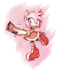Rule 34 | 1girl, absurdres, amy rose, animal ears, artist name, boots, card, clenched hand, dress, full body, furry, furry female, gloves, gold bracelet, green eyes, highres, holding, holding card, looking at viewer, novika, outline, pink fur, red dress, red footwear, scribble, simple background, sleeveless, sleeveless dress, solo, sonic (series), tail, teeth, two-tone footwear, white background, white footwear, white gloves, white outline