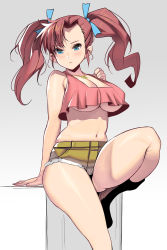 Rule 34 | 1girl, absurdres, bakusou kyoudai let&#039;s &amp; go!!, blue eyes, breasts, brown hair, cleavage, cutoffs, highres, jewelry, kouno (masao), large breasts, long hair, looking at viewer, midriff, navel, necklace, no bra, oogami marina, sitting, solo, underboob