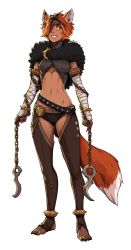 Rule 34 | 1girl, animal ears, bandaged arm, bandages, barefoot, belt, black belt, black nails, breasts, brown hair, brown pants, capelet, chain, commentary, crotchless, crotchless pants, d-rex, dark skin, fox ears, fox tail, full body, fur, fur capelet, grin, hair over one eye, highres, holding, holding weapon, looking at viewer, medium breasts, midriff, nail polish, navel, original, pants, red eyes, short hair, smile, solo, standing, stomach, tail, toeless legwear, toenail polish, toenails, transparent background, weapon, weapon request
