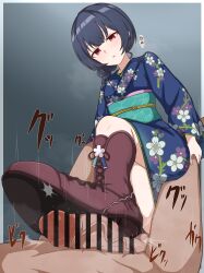 1boy 1girl absurdres blue_kimono bootjob boots brown_footwear commentary_request commission denki_anma footjob highres idolmaster idolmaster_shiny_colors japanese_clothes kimono milliani morino_rinze pixiv_commission red_eyes shoejob