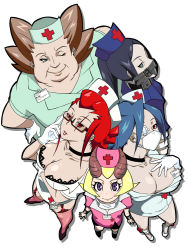 Rule 34 | 5girls, ;), black hair, blonde hair, blue hair, breasts, brown hair, choker, christmas (skullgirls), cleavage, downblouse, easter (skullgirls), eito, eyepatch, fat, foreshortening, freckles, from above, gagged, garter belt, glasses, gloves, group picture, hallow (skullgirls), hand on own hip, hat, horns, large breasts, latex, latex gloves, lips, looking up, mask, mouth mask, multiple girls, name tag, nurse, nurse cap, one eye closed, patty (skullgirls), ponytail, purple eyes, red eyes, red hair, scar, semi-rimless eyewear, short hair, skullgirls, smile, surgical mask, under-rim eyewear, valentine (skullgirls), white gloves