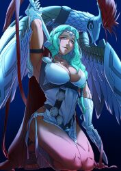 Rule 34 | 1girl, absurdres, aduti momoyama, animal, aqua hair, arm up, armpits, bird, blue eyes, blue gemstone, breasts, cape, circlet, cleavage, dress, eyelashes, fire emblem, fire emblem heroes, full body, gauntlets, gem, gradient background, grey footwear, hair intakes, highres, holding, holding polearm, holding weapon, kneeling, large breasts, long hair, muscular, muscular female, nintendo, nott (fire emblem), pelvic curtain, polearm, red cape, sandals, smile, solo, spear, toenails, wavy hair, weapon, white dress