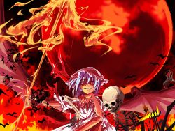 Rule 34 | 1girl, crown, female focus, fire, flaming weapon, full moon, moon, red moon, red theme, remilia scarlet, shaded face, skeleton, solo, sorano eika, spear the gungnir, touhou