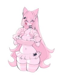 Rule 34 | animal ears, blush, breasts, cat ears, cat gloves, cat hair ornament, choker, cleavage, colored skin, fake paws, friday night funkin&#039;, hair ornament, hairclip, highres, large breasts, long hair, looking at viewer, midriff, navel, pink hair, pink skin, pink skirt, sarvente (friday night funkin&#039;), skirt, thick thighs, thighhighs, thighs, usa37107692, white eyes, white skin, wide hips, zettai ryouiki