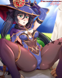 Rule 34 | 1girl, absurdres, arm support, artist name, ass, black hair, breasts, choker, covered navel, detached sleeves, genshin impact, hair between eyes, hat, highres, leotard, long hair, looking at viewer, mona (genshin impact), open mouth, outdoors, pantyhose, patreon username, small breasts, solo, teeth, tongue, twintails, vilde loh hocen, watermark, witch hat