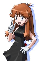 Rule 34 | 1girl, bad id, bad pixiv id, bare shoulders, black dress, blue eyes, breasts, brown hair, covered navel, cowboy shot, creatures (company), dress, drop shadow, female focus, game freak, gloves, green (pokemon), hand on own hip, hand up, happy, long hair, looking at viewer, nintendo, open mouth, pointing, pointing up, pokemon, pokemon adventures, side slit, simple background, sleeveless, sleeveless dress, small breasts, smile, solo, standing, tellzeta, white background, white gloves