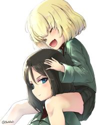 Rule 34 | 2girls, :d, black hair, black skirt, blonde hair, buchikaki, carrying, closed eyes, closed mouth, fang, girls und panzer, green jacket, hand on another&#039;s head, happy, insignia, jacket, katyusha (girls und panzer), long hair, long sleeves, looking at viewer, miniskirt, multiple girls, nonna (girls und panzer), open mouth, pleated skirt, pravda school uniform, red shirt, school uniform, shirt, short hair, shoulder carry, skin fang, skirt, smile, swept bangs, turtleneck, twitter username, white background