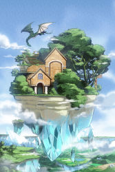 Rule 34 | bad id, bad pixiv id, blue sky, commentary request, crystal, day, door, dragon, fantasy, floating island, flying, fog, gate, highres, house, lake, miso katsu, no humans, original, outdoors, river, scenery, sky, stairs, valley, water, waterfall, window