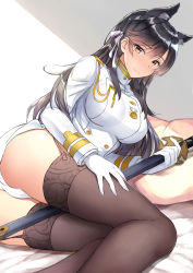Rule 34 | 1girl, animal ears, ass, atago (azur lane), azur lane, bed, bed sheet, black hair, black thighhighs, bow, breasts, closed mouth, commentary, eroge- (artist), extra ears, garter straps, gloves, highres, katana, large breasts, military, military uniform, miniskirt, mole, mole under eye, ribbon, sheath, sheathed, skirt, solo, swept bangs, sword, thighhighs, thighs, two-tone background, uniform, weapon, white bow, white gloves, white ribbon, yellow eyes
