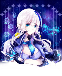 Rule 34 | 1girl, ascot, blue background, blue eyes, blue hair, ciel (elsword), cross, cross earrings, dreadlord (elsword), earrings, elsword, fingerless gloves, genderswap, genderswap (mtf), gloves, gradient background, hana (66999128), hana (pixiv7101939), jacket, jacket on shoulders, jewelry, long hair, matching hair/eyes, multicolored hair, partially fingerless gloves, pointy ears, smile, solo, striped, striped background, symbol-shaped pupils, two-tone hair, upper body, white hair