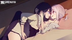 Rule 34 | 10s, 2girls, :d, alternate hair color, alternate hairstyle, bare shoulders, bed, black hair, black legwear, black skirt, blue eyes, breasts, breasts out, cardigan, collarbone, commentary request, copyright name, couple, dutch angle, eye contact, female focus, girl on top, gridman universe, hair between eyes, hair ornament, hair scrunchie, hand on another&#039;s head, hand on another&#039;s hip, happy, hug, imminent kiss, indoors, knee up, large breasts, light purple hair, long hair, long sleeves, looking at another, lying, milk puppy, multiple girls, neck, nipples, no bra, off shoulder, on back, on bed, open clothes, open mouth, orange eyes, orange scrunchie, pantyhose, pillow, school uniform, scrunchie, shade, shinjou akane, short hair, skirt, smile, ssss.gridman, takarada rikka, twitter username, white cardigan, yuri