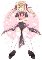 Rule 34 | 1girl, :d, ^ ^, animal, anzu (sumisaki yuzuna), bad id, bad pixiv id, black dress, black footwear, blonde hair, blush, bun cover, china dress, chinese clothes, closed eyes, clothes between thighs, commentary request, double bun, dress, facing viewer, floral print, full body, hair between eyes, hair bun, hair ribbon, long hair, open mouth, original, pelvic curtain, petals, print dress, puffy short sleeves, puffy sleeves, red ribbon, ribbon, shoe soles, shoes, short sleeves, smile, solo, sumisaki yuzuna, thighhighs, twintails, white thighhighs