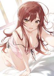 Rule 34 | 1girl, :d, ahoge, all fours, bare legs, barefoot, bed sheet, black ribbon, blush, breasts, camisole, cleavage, dutch angle, hanging breasts, hayashi kewi, highres, idolmaster, idolmaster shiny colors, long hair, looking at viewer, medium breasts, messy hair, on bed, open mouth, osaki amana, outstretched arm, pillow, red hair, ribbon, sleeveless, smile, solo, spaghetti strap, strap slip, underwear, underwear only, very long hair, yellow eyes